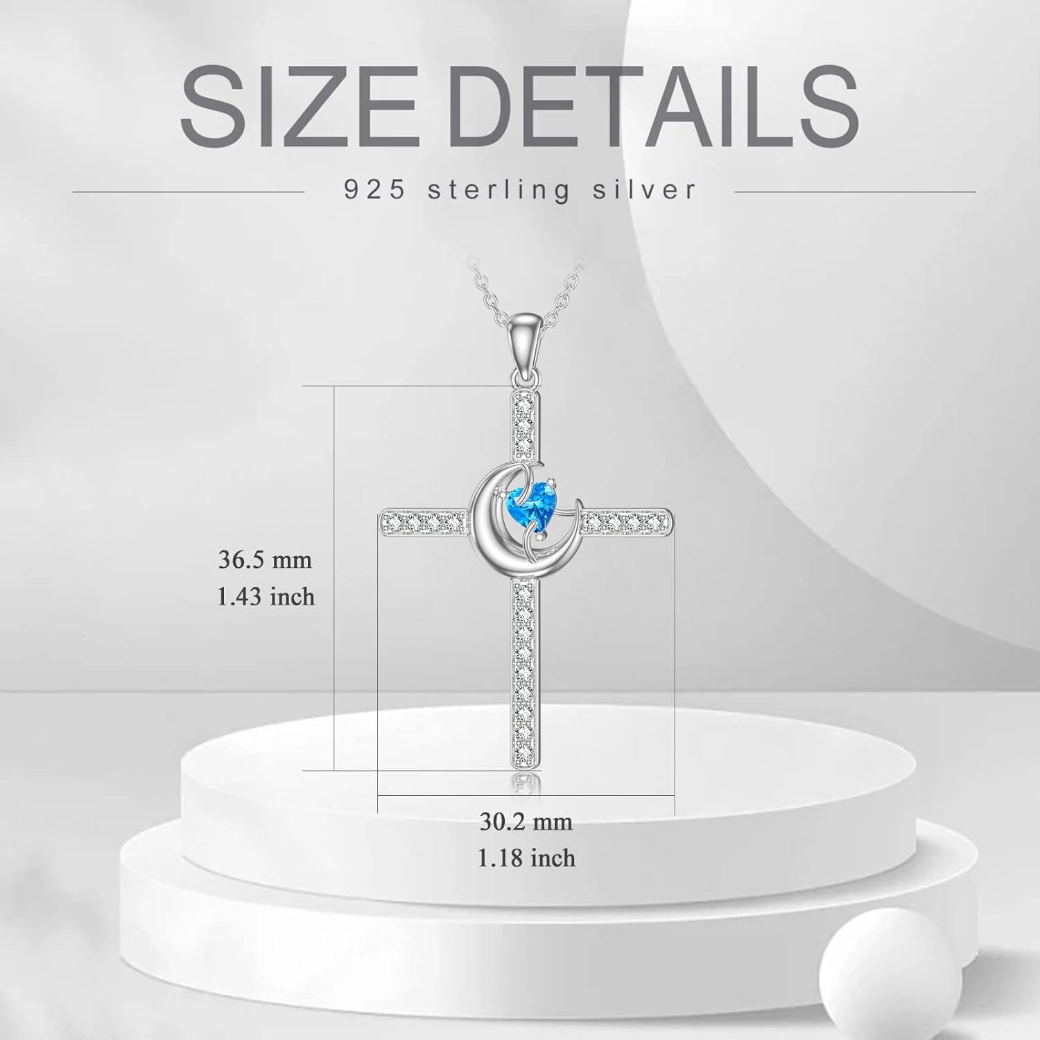 wholesale 925 Sterling Silver Blue Heart Moon & Star CZ Cross Pendant Necklace for Men/Women - Christian  Set with Chain (Silver)-0-4