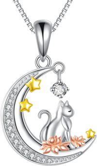 wholesale 925 Sterling Silver Moon & Star Cat Pendant Necklace with CZ Stones and Gold Plated Accents - Gifts for Women-cat necklace