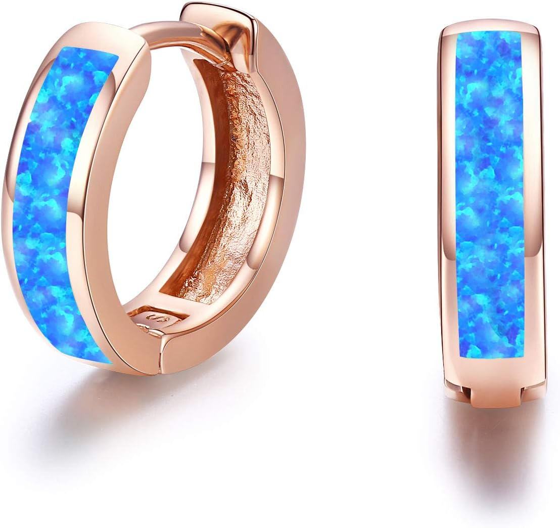 Sterling Silver Simulated Opal Hoop Earrings for Women Hypoallergenic Huggie Hinged Hoops Colorful Jewelry Gift-14mm Rose Gold Blue-14