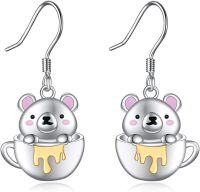 wholesale 925 Sterling Silver Cute Bear in Cup Honey Pendant Dangle Earrings for Women Girls Gifts-bear