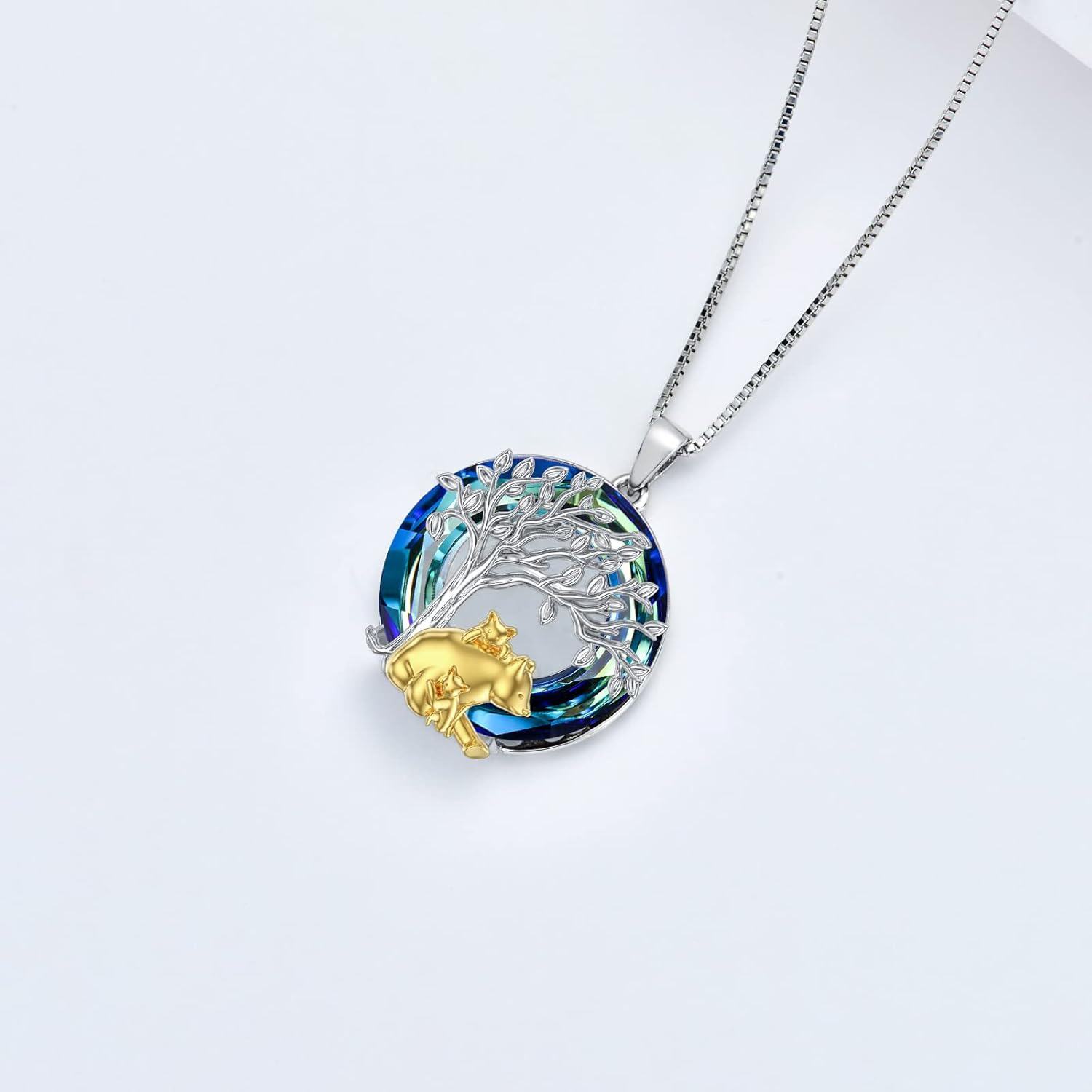 925 Sterling Silver Tree of Life with Animals Pendant Necklace - Blue Crystal & Gold Plated Foxes and Cats Design-0-2