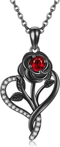 wholesale 925 Sterling Silver Gothic Rose Pendant Necklace with Red Stone and Black Skeleton Leaves Mothers Day Gifts for Women Men-Black Rose