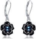 wholesale 925 Sterling Silver Black Enamel & Blue Pearl Rose Drop Earrings-0-0