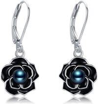 wholesale 925 Sterling Silver Black Enamel & Blue Pearl Rose Drop Earrings-White Gold Rose