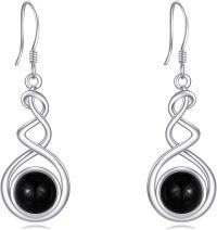 wholesale Sterling Silver Spiral Dangle Earrings with Black Onyx Peridot Pink Cat Eye Lapis Lazuli Turquoise Moss Agate Moonstone Amethyst Mustard Seed Leverback Jewelry Gifts for Women Teens-Black Onyx Dangel Earrings
