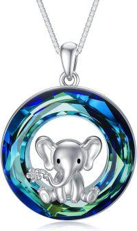wholesale S925 Sterling Silver & Crystal Elephant Necklace for Women, Lucky Elephant Pendant Gift, 18+2 Chain, 20.3mm, 5.42g, Hypoallergenic-Circle Crystal