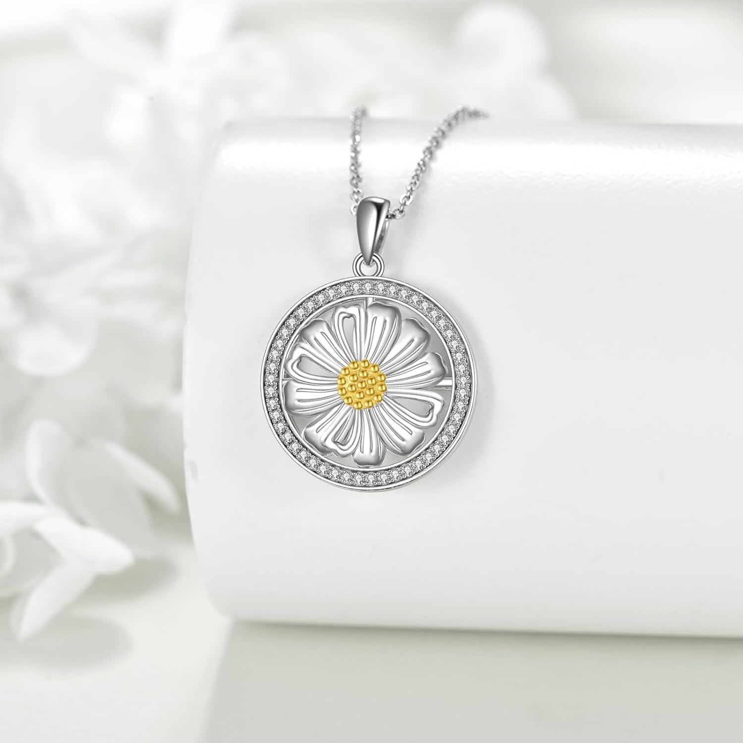 Sterling Silver Round Spinning Daisy Sunflower Pendant Necklace for Women-0-3