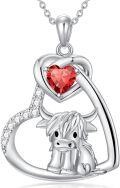 wholesale 925 Sterling Silver Red Garnet & White Cubic Zirconia Scottish Highland Cow Heart Necklace for Women Girls Gifts from Scotland-0-0