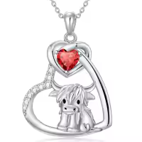 wholesale 925 Sterling Silver Red Garnet & White Cubic Zirconia Scottish Highland Cow Heart Necklaces Wholesale for Women Girls Gifts from Scotland-Cow Heart-Ruby