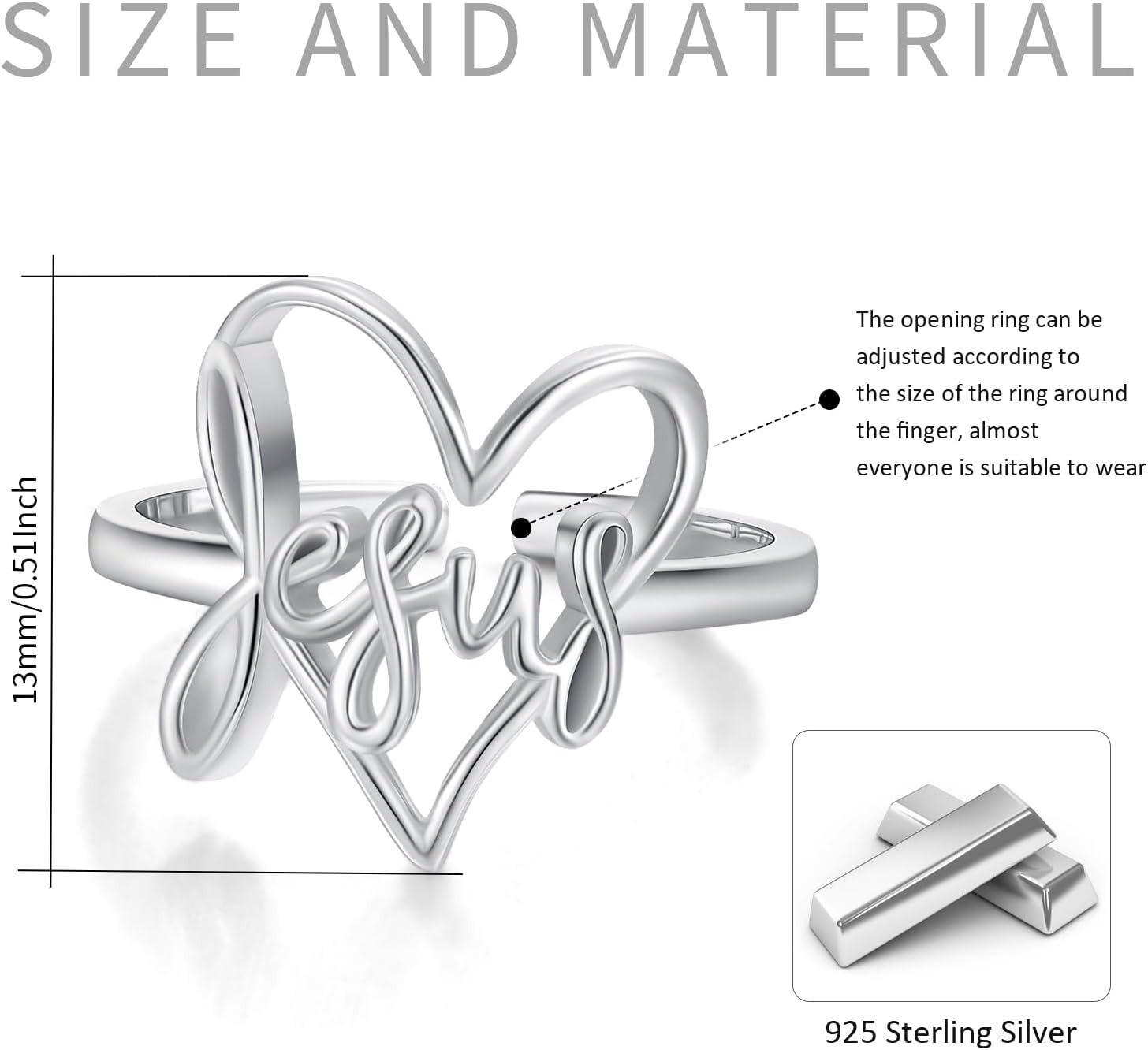 wholesale 925 Sterling Silver Jesus Ring Adjustable Heart Faith King of Kings Christian Band for Women-0-1