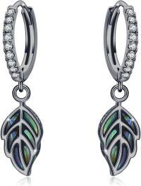 wholesale 925 Sterling Silver Gold-Plated Abalone Shell Leaf Drop Huggies Earings-Black Gold-White