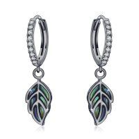 wholesale 925 Sterling Silver Gold-Plated Abalone Shell Leaf Drop Huggies Earings-Black Gold-White
