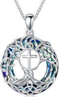 wholesale 925 Sterling Silver Blue Crystal Tree of Life Pendant Necklace with Cross Charm Celtic Knot Jewelry for Women-0-0