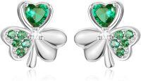 wholesale 925 Sterling Silver Shamrock Heart-Shaped Stud Earrings with Green Stones - Perfect for St Patricks Day-Clover