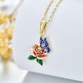 wholesale 10K Gold Blue Enamel Butterfly & Pink Rose Pendant Necklace with Green Leaves Chain 43cm + Extender-0-2