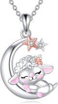 wholesale 925 Sterling Silver Sheep on Crescent Moon Pendant Necklace with Stars and Stones for Women-0-0