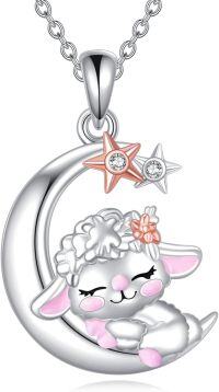wholesale 925 Sterling Silver Sheep on Crescent Moon Pendant Necklace with Stars and Stones for Women-Sheep