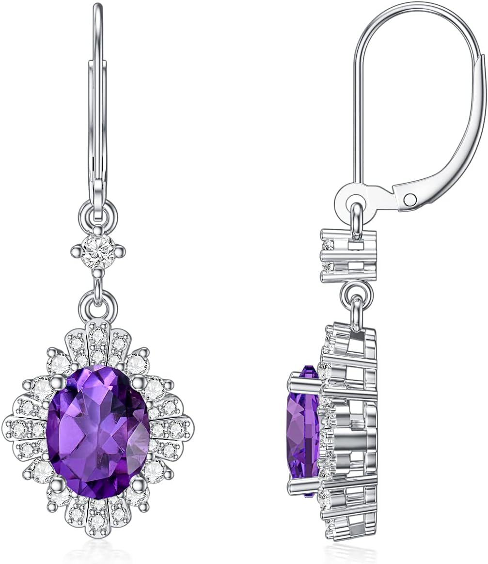 14K White Gold Plated Sterling Silver Genuine Gemstone Oval Cut 9x7mm Leverback Dangle Earrings-purple