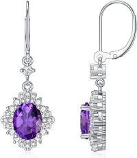 wholesale 14K White Gold Plated Sterling Silver Genuine Gemstone Oval Cut 9x7mm Leverback Dangle Earrings-purple
