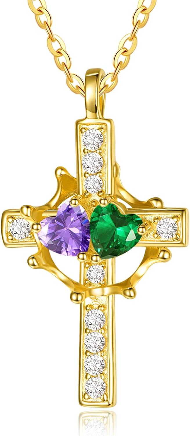 Sterling Silver Birthstones Gold Cross Necklace for Women -02-05-Feb-May-02-05-Feb-May