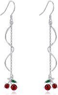 wholesale 925 Sterling Silver Red Crystal Cherry Drop Earrings with Green Leaves and Twist Design-0-0