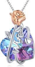 wholesale 925 Sterling Silver Blue & Purple Crystal Heart and Rose Pendant Necklaces for Women-0-0