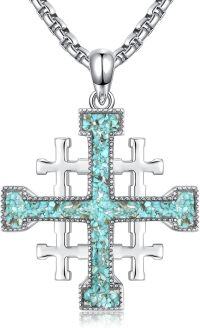 wholesale 925 Sterling Silver Turquoise Inlay Jerusalem Cross Pendant Necklace for Men & Women Christian Gifts-Jerusalem Cross Necklace with Turquoise