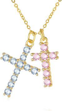 wholesale 14K Gold Sterling Silver Birthstone Double Cross Necklace for Women-03-10-Mar-Oct