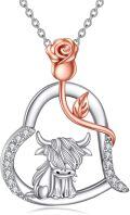 wholesale 925 Sterling Silver Highland Cow Rose Heart Pendant Necklace for Women Gifts-0-0