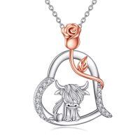 wholesale 925 Sterling Silver Highland Cow Rose Heart Pendant Necklace for Women Gifts-Highland Cow Necklace