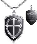 wholesale 925 Sterling Silver Cross Shield Necklace with Black Enamel and Bible Verse Pendant - Ephesians 6:10 for Men & Women-0-0