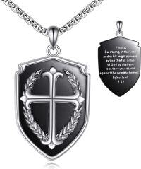 wholesale 925 Sterling Silver Cross Shield Necklace with Black Enamel and Bible Verse Pendant - Ephesians 6:10 for Men & Women-Ephesians 6:10