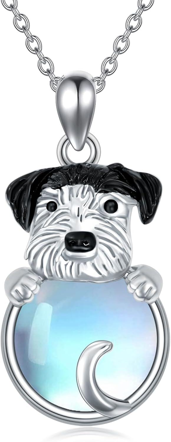 Sterling Silver Moonstone Dog Necklace for Women Memorial Jewelry Gift-Schnauzer