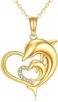 wholesale 14K Gold Dolphin in Heart Shape Pendant Necklace with Cubic Zirconia Gifts for Women-0-0