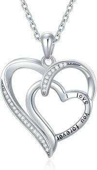 wholesale 925 Sterling Silver Double Heart Pendant with Cubic Zirconia and Engraved I Love You Forever - 18 inch Chain-Heart-D