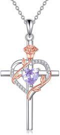wholesale Sterling Silver Birthstones Rose Cross Heart Crucifix Pendant Necklace for Women-0-43