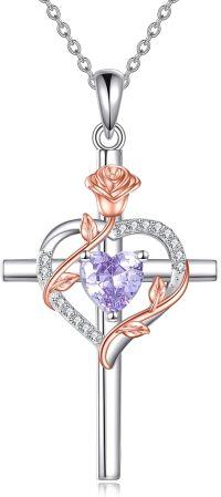 wholesale Sterling Silver Birthstones Rose Cross Heart Crucifix Pendant Necklace for Women-06-Jun-Alexandrite
