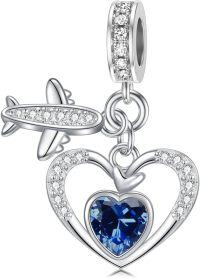 wholesale 925 Sterling Silver Birthstone Heart Charm with Airplane Charms for Anklets Women Mom Lover-09-September-Dark Blue