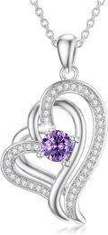 wholesale TOUPOP Valentines Gifts Jewelry For Women Amethyst Necklace Sterling Silver Double Heart Pendant Necklace With February Birthstone Birthday Christmas Jewelry Gifts For Women -0-0
