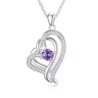 TOUPOP Sterling Silver Amethyst Double Heart Pendant Necklace-undefined