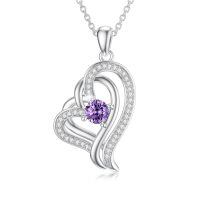 TOUPOP Sterling Silver Amethyst Double Heart Pendant Necklace-undefined