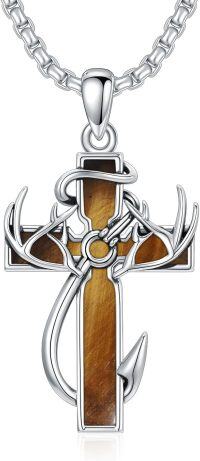 wholesale Sterling Silver Deer Antler Cross Necklace for Men Hunting Jewelry Gift-2-10-Tiger Eye