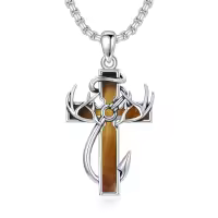 wholesale 925 Sterling Silver Black Enamel Deer Antlers Cross Pendant Necklaces Wholesale with Stainless steel chain for Men -2-10-Tiger Eye