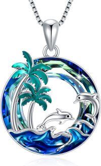 wholesale 925 Sterling Silver Dolphin Palm Tree Pendant Necklace-palm tree crystal necklace-1