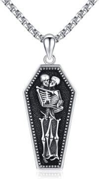 wholesale 925 Sterling Silver Blackened Gothic Coffin with Hugging Skeletons Pendant Necklaces for Men Women Halloween Gifts-Gothic Skull