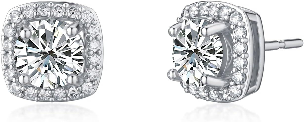 18K White Gold Plated Silver Moissanite 2ct D Color Brilliant Round Cut Halo Stud Earrings-0-0