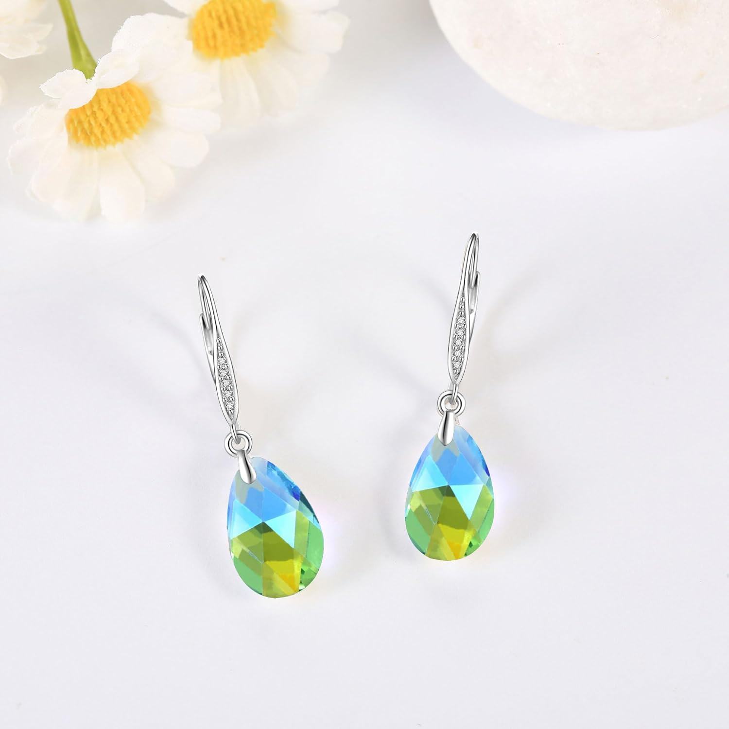925 Sterling Silver Teardrop Austrian Crystal Light Blue Purple Aurora Borealis Drop Dangle Earrings-0-1