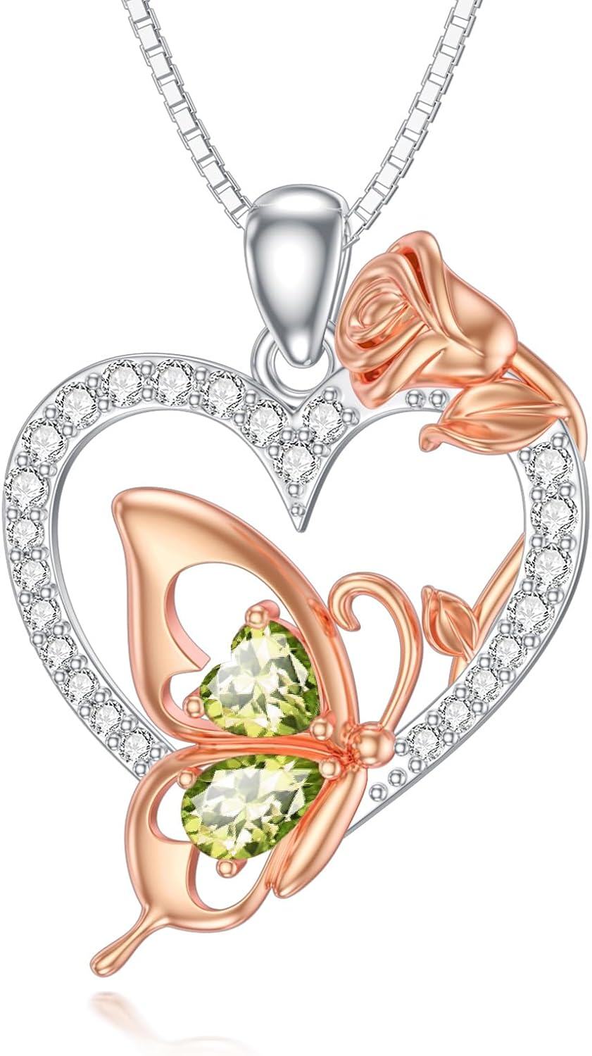  Sterling Silver Zircon Butterfly Heart Necklace for Women Birthday Gift -August