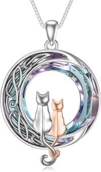 wholesale 925 Sterling Silver Cat on the Moon Pendant Necklace with Blue Circle Crystal for Women-2 Cats(Silver and Rose Gold)-Purple Crystal-02-A