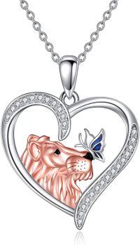wholesale 925 Sterling Silver Butterfly and Tiger Head in Heart Pendant Necklace for Women Girls Gifts Jewelry Accessories 45cm Chain Length-Lion and Butterfly Necklace